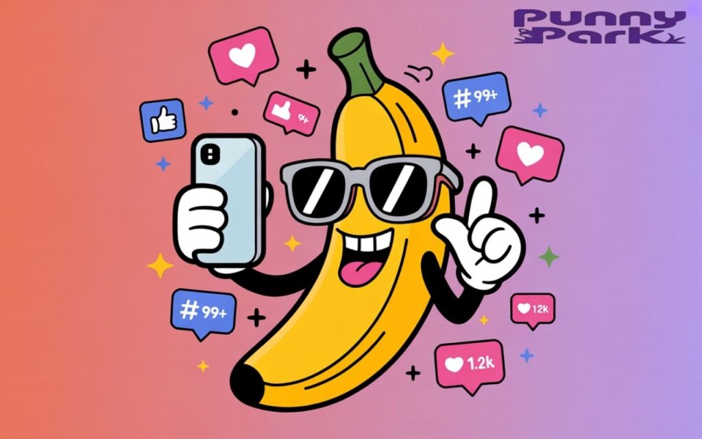 A banana character wearing sunglasses and flashing a wide smile. The banana is holding a smartphone, taking a selfie with one hand while forming a L-shape up with the other. Floating around the banana are colorful Instagram-style social media icons including pink heart symbols, blue hashtag signs, thumbs-up likes, and small notification badges with numbers like "99+" and "1.2K". 
