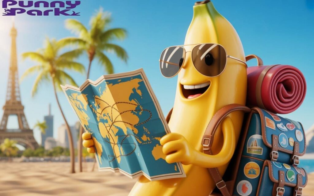 A yelllow fruit wearing sunglasses and carrying a travel backpack covered in colorful destination stickers. He holds a map with visible dotted travel routes.