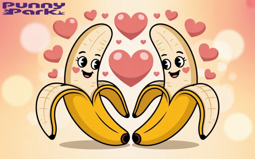 Two bananas with their golden yellow peels gracefully curved to form a perfect heart shape between them. Pink hearts of various sizes float gently around the banana couple.