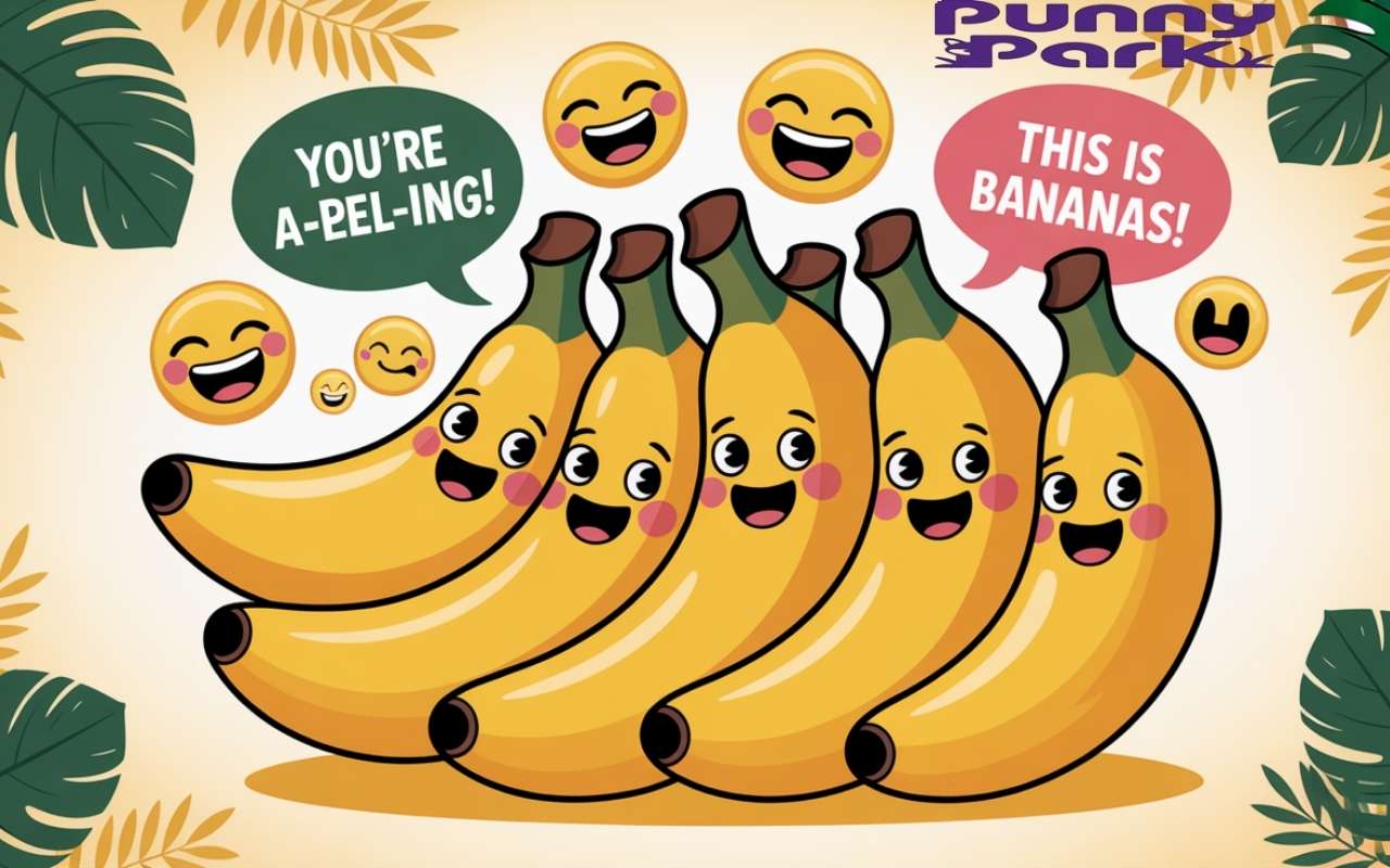 A bunch of bananas with cartoon faces. Colorful speech bubbles float around them containing banana puns like "You're a-peel-ing!" and "This is bananas!" along with laughing emojis.