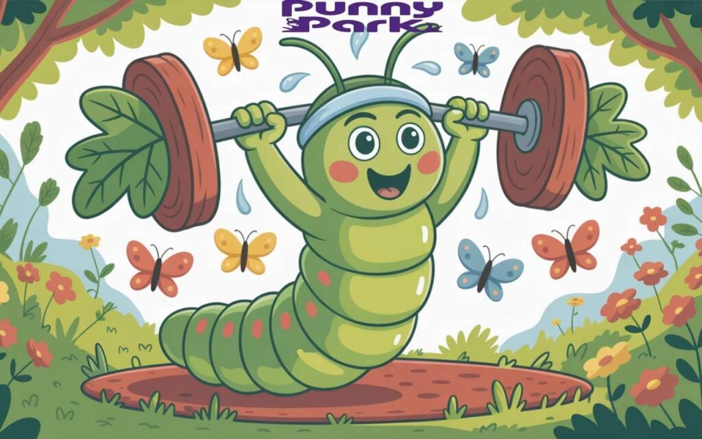 A determined
green caterpillar with rosy cheeks, lifting barbells made from leaves attached as weights.