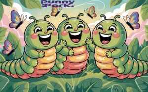 Three caterpillars bursting into laughter. Colorful butterflies dance playfully around them.