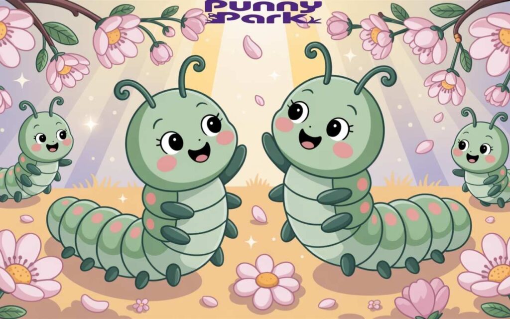 The caterpillars with soft pastel green bodies and rosy pink cheeks, their faces beaming with joy. The caterpillars are playfully interacting among delicate flowers.