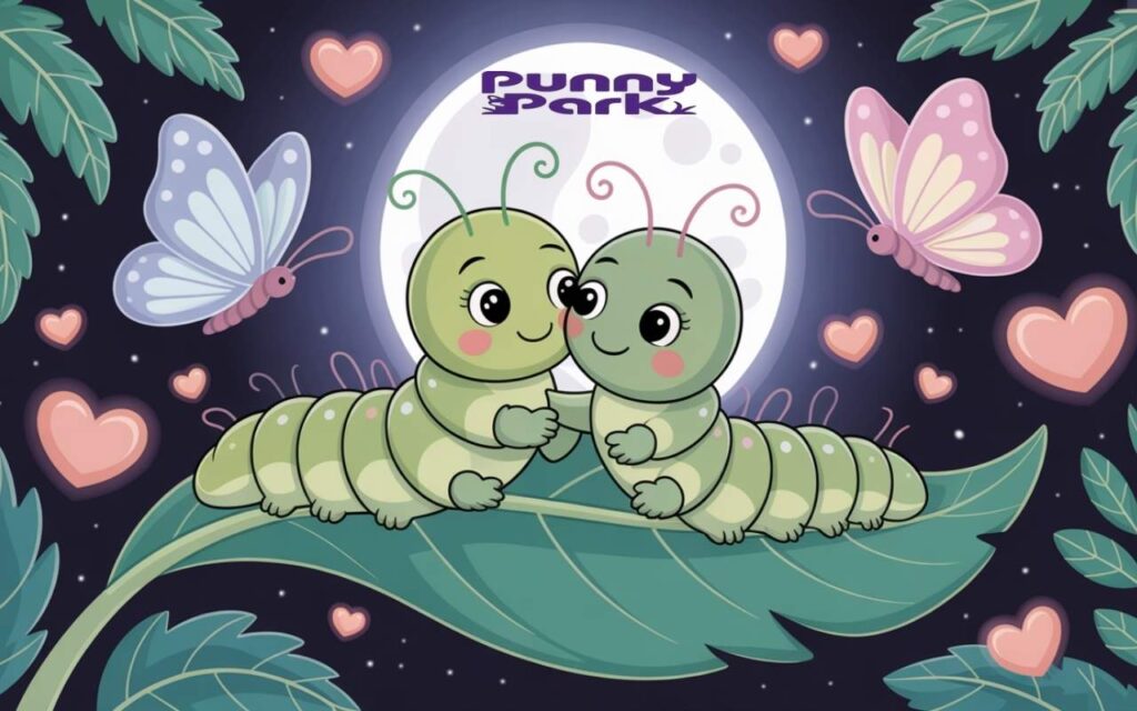 Two adorable caterpillars nestled together on a leaf under the gentle glow of moonlight. The caterpillars have expressive eyes and rosy cheeks, with one leaning affectionately against the other in a tender embrace.
