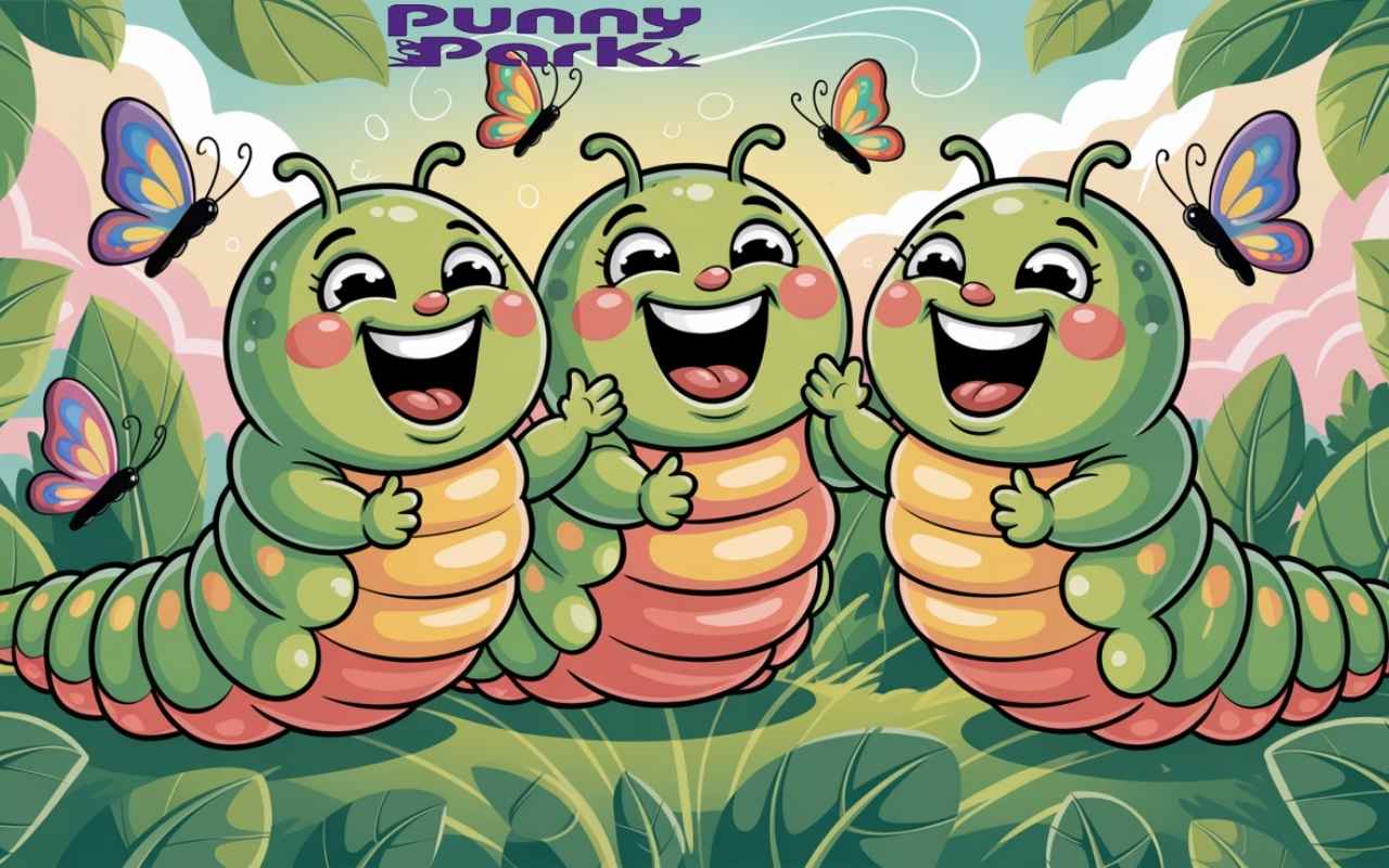 Three caterpillars bursting into laughter. Colorful butterflies dance playfully around them.