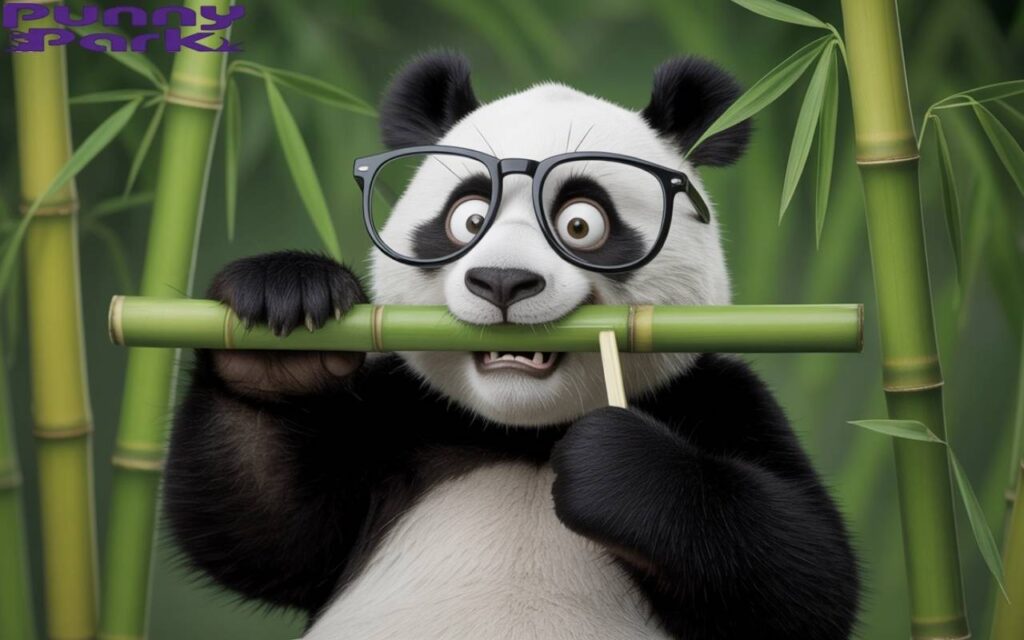 A goofy cartoon pand holding bamboo stalk in his mouth
clumsily, wearing oversized glasses, with exaggerated silly expressions.