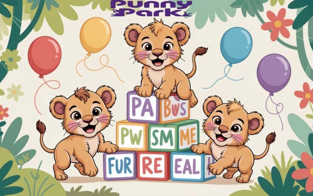 A picture of cubs, surrounded by colorful alphabet blocks displaying playful text like "Pawsome" and "Fur real."