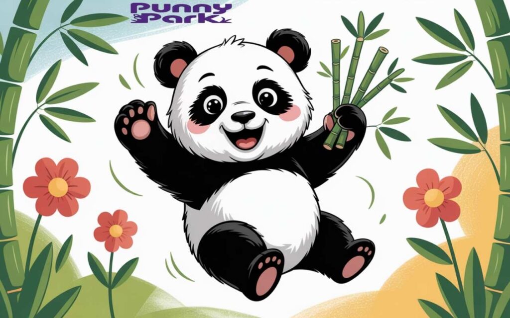 A panda mid air holding three stalks of bambooin its hand. Surrounding the panda are rounded green bamboo shoots and cheerful flowers.