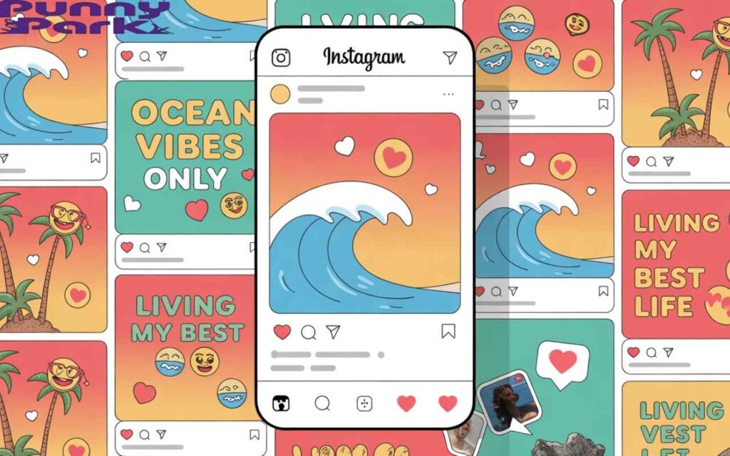 An Instagram feed layout with a bright coral and turquoise color scheme. The mock social media interface features several post cards with stylized ocean waves, palm trees, and beach scenes.