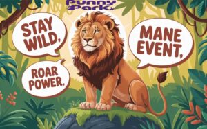 A lion sitting on top a moss covered boulder in a lush jungle setting.Playful speech bubbles float around the scene containing text: "Stay wild," "Mane event," and "Roar power."
