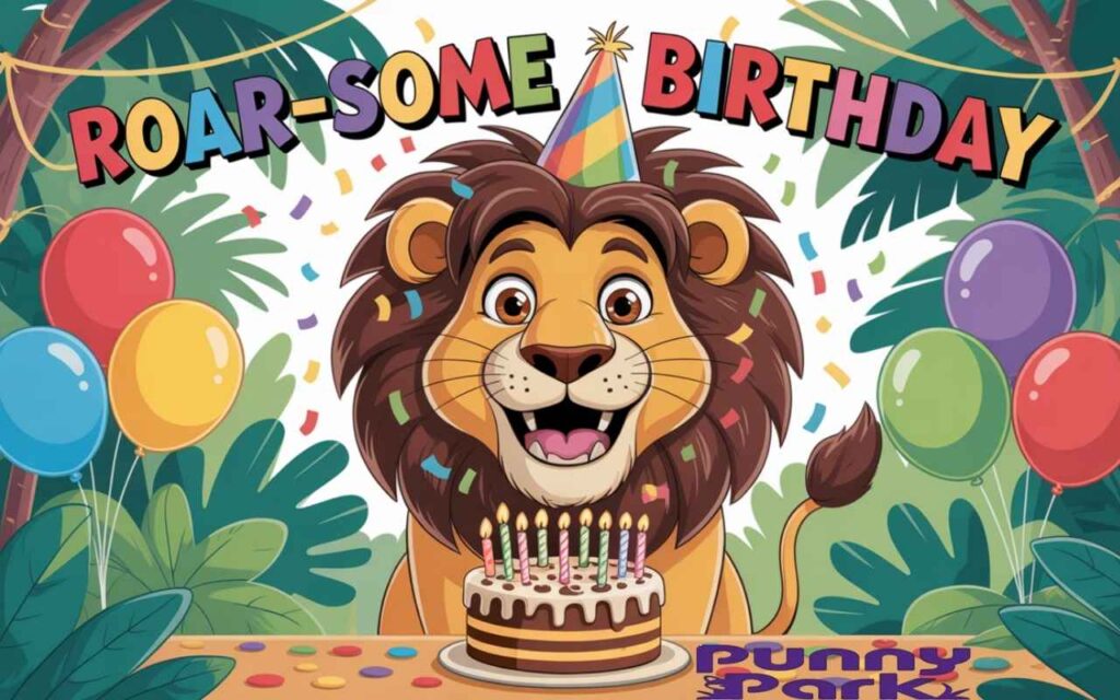 A lion, wearing a party hat while standing in a lush green jungle setting. The lion's golden mane flows majestically as colorful confetti rains down around him. In front of the lion sits a decorated birthday cake, flickering candles, while overhead a festive banner reads "Roar-some Birthday."