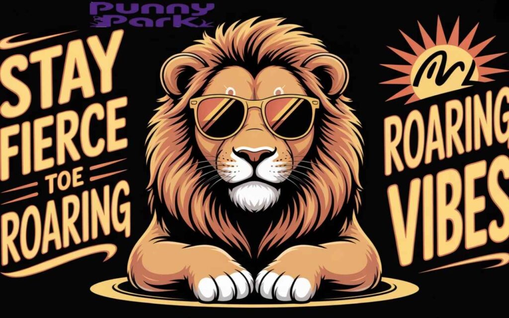 A trendy, social media style image of a
jungle king wearing sunglasses with a confident pose. Phrases like “Stay fierce” and “Roaring vibes” is written against black backdrop.