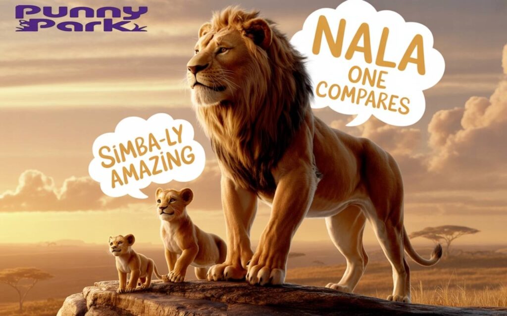 A picture of Simba, Nala, and
the Mufasa standing proudly on Pride Rock as the golden sunrise paints the African savanna. Simba and Nala appear as young adults while text bubbles containing playful puns: "Simba-ly amazing" and "Nala one compares."