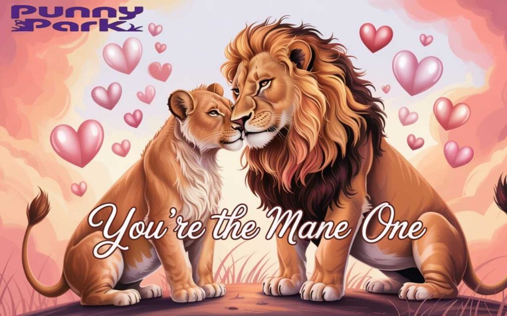 Two lions nuzzling affectionately under the dreamy pink and coral sunset sky. The male lion has a golden mane while the female has sleek tawny fur.