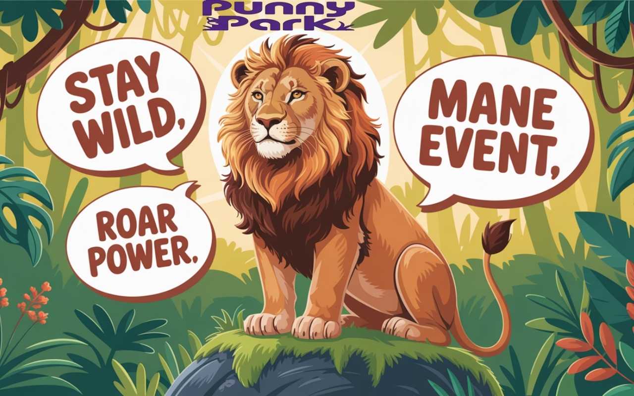 A lion sitting on top a moss covered boulder in a lush jungle setting.Playful speech bubbles float around the scene containing text: "Stay wild," "Mane event," and "Roar power."