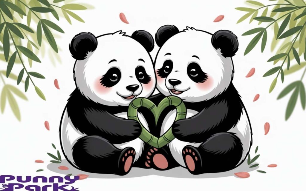 Two pandas seated closely together, gently embracing, each holding a vibrant green bamboo stalk shaped into a heart.