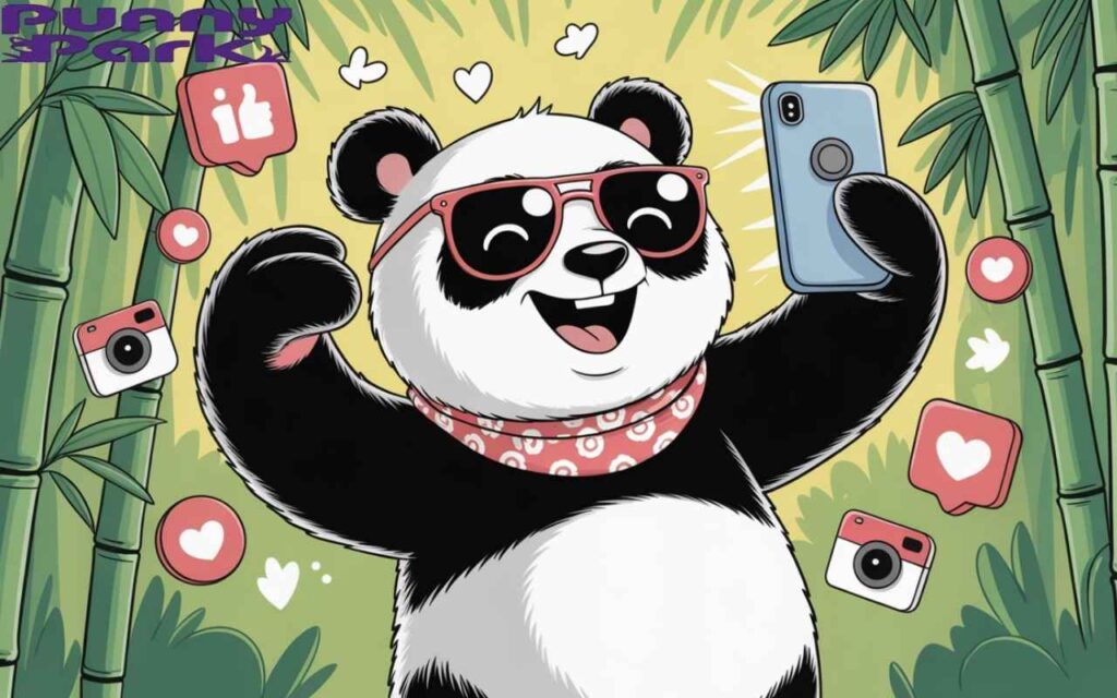A panda taking selfies amidst a grove of lush bamboo. The panda, dressed in trendy sunglasses and a patterned scarf, strikes a pose, its paws holding a smartphone capturing the moment. Scattered around the panda are whimsical photo icons, likes, hearts, and camera emojis.