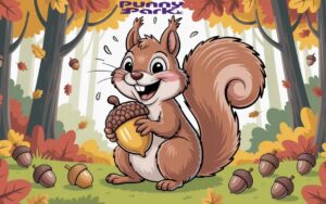 A squirrel, sitting and holding an acorn. Scattered across are acorns of various sizes on the forest floor.