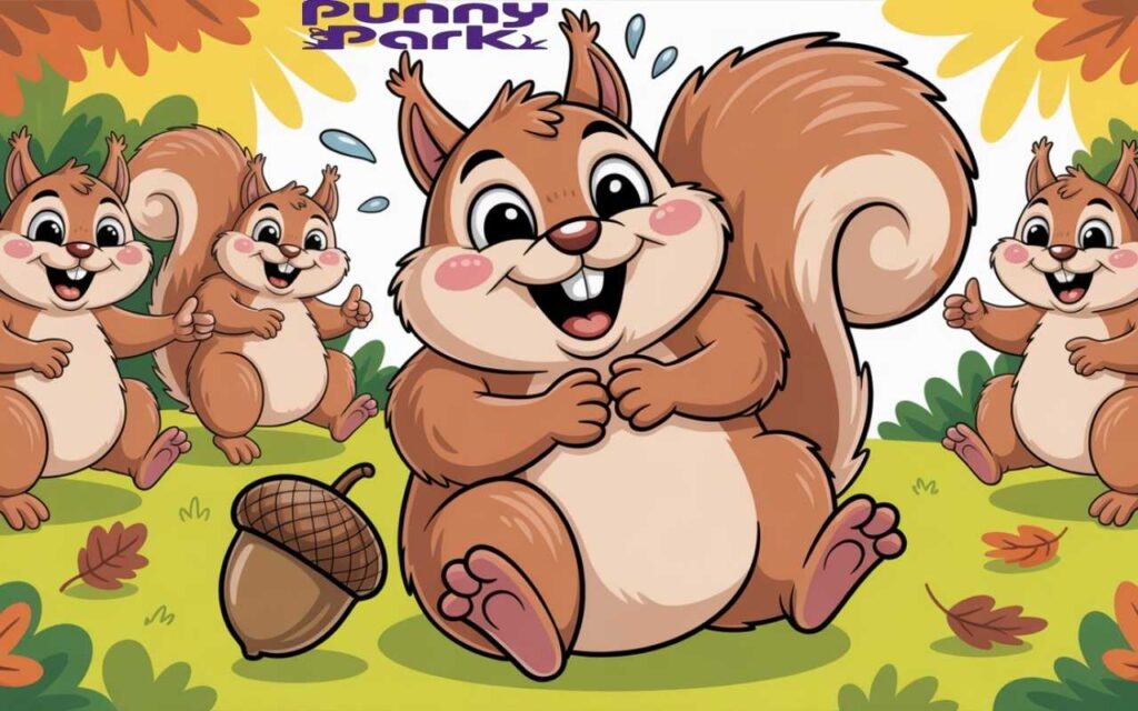 A squirrel doubled over with laughter, clutching its belly with tiny paws while a brown acorn tumbles from its grasp. In the background, three other cartoon squirrels are also chuckling and pointing playfully.