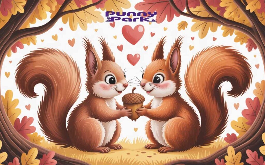 Two squirrels
sitting face to face beneath the spreading branches of an oak tree. Both squirrels are holding the same acorn.