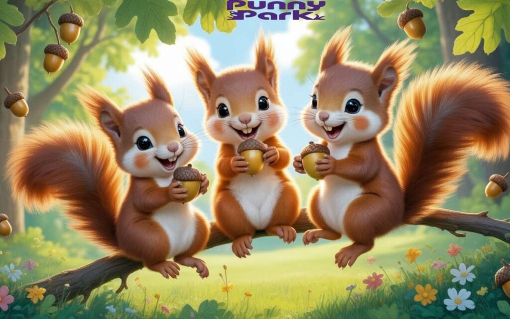 Three squirrels with fluffy tails are sitting on a tree branch while all them are holding acorns.