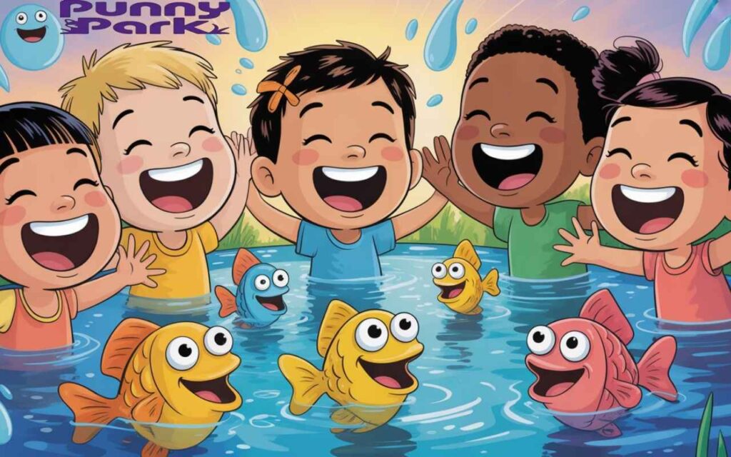 A group of
children bursting into laughter around a pond. Friendly cartoon fishes with big smile poke their heads above the water's surface, their mouths open.