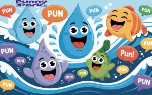 A cheerful water droplets, ocean waves, and marine animals laughing together with floating pun signs, bright blue tones, and a fun, bubbly atmosphere.