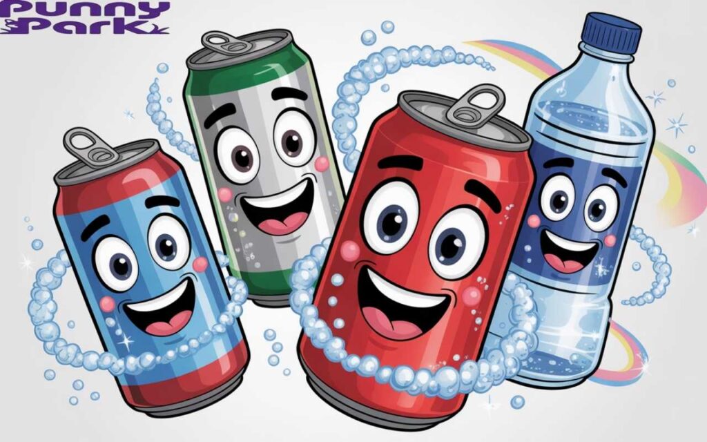 The soda cans and sparkling water bottles with animated faces, wide smiles, and twinkling eyes that convey pure joy and excitement.