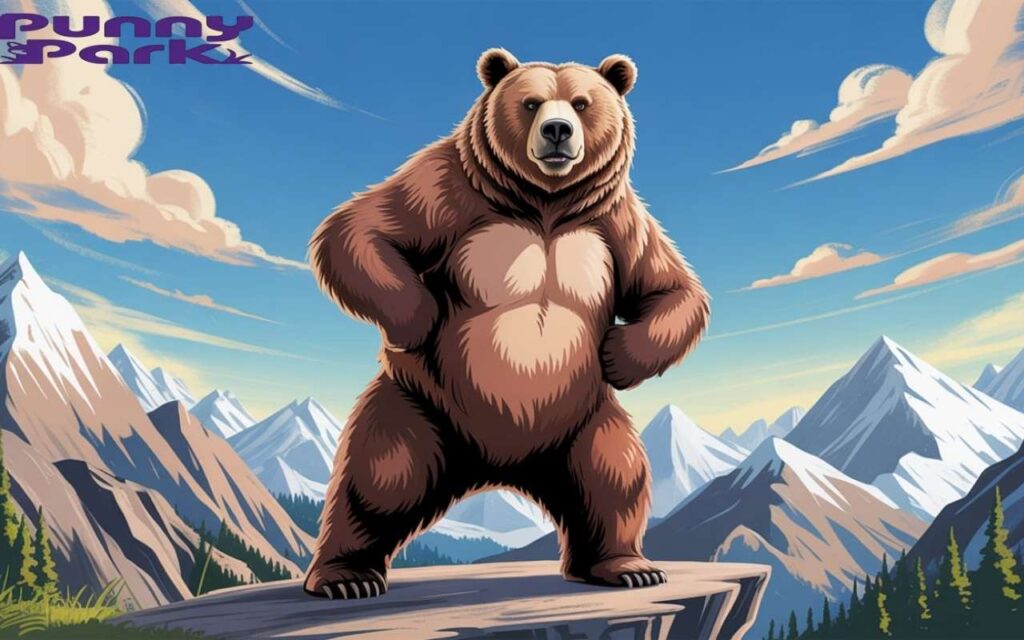 A grizzly standing confidently on a rocky mountain ledge, puffing out its chest with an almost comically proud posture.