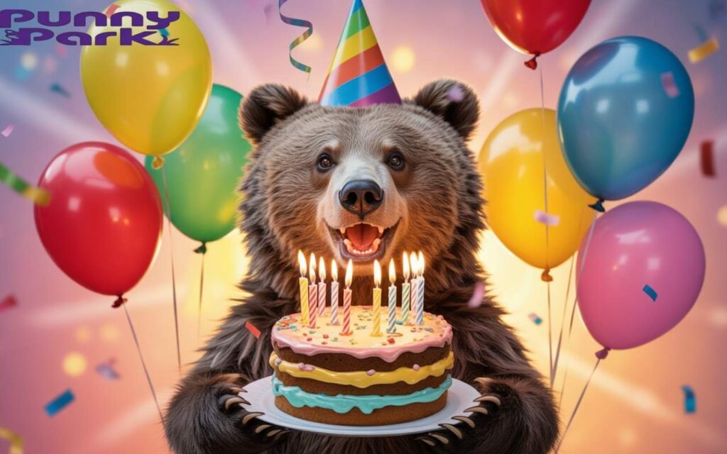 A brown bear wearing a party hat, holds a birthday cake topped with candles. Vibrant balloons in red, yellow, blue, and green float around the scene, while shimmering confetti in various shapes cascades through the air.