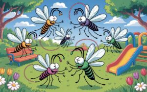 A group of colourful mosquitoes buzzing energetically around a sunny park setting. The mosquitoes are drawn in a playful, animated style with bright colors, some sporting striped bodies in yellow and black, others in vibrant purple and green, all with large expressive eyes and mischievous grins.