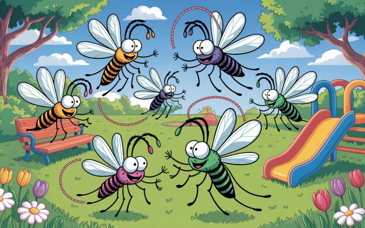 A group of colourful mosquitoes buzzing energetically around a sunny park setting. The mosquitoes are drawn in a playful, animated style with bright colors, some sporting striped bodies in yellow and black, others in vibrant purple and green, all with large expressive eyes and mischievous grins.