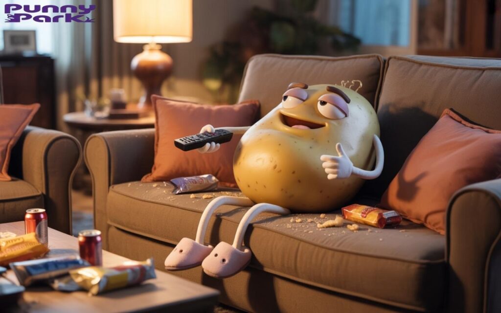 A potato sprawled lazily across a couch, wearing tiny slippers and holding a TV remote. The tuber has half closed eyes, surrounded by snack bags, empty soda cans, and crumbs. The cozy living room is bathed in warm, dim lamplight from a nearby table lamp.