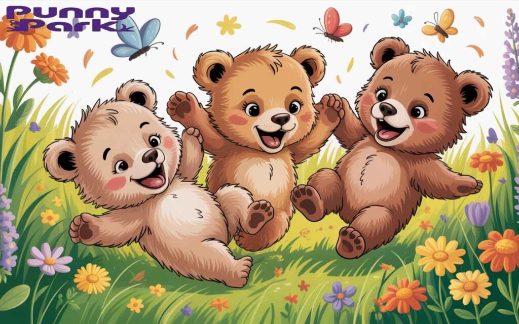 Three adorable
cubs tumbling playfully through a  meadow, as they roll and giggle together. The cubs display joyful expressions and open mouths mid-laugh.