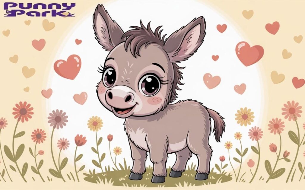 A cute baby donkey
with a gentle smile, standing on tiny hooves with its head tilted slightly to one side.