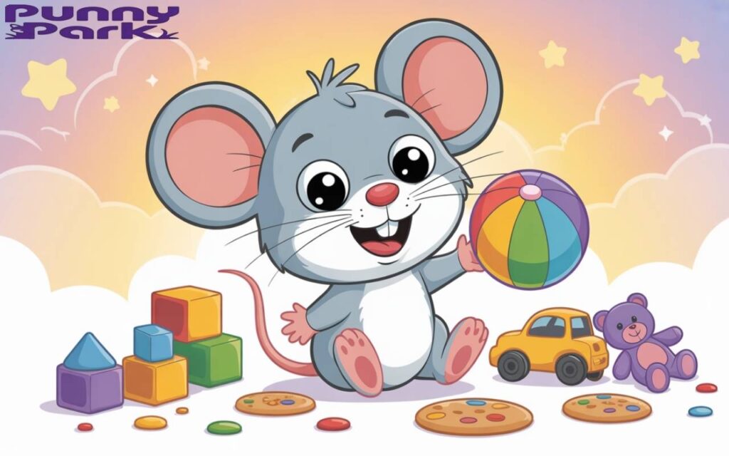 A mouse sitting among scattered colorful toys. The mouse has gray fur and is holding a rainbow colored ball. Around the mouse, vibrant toys are scattered including blocks, a toy car, and a teddy bear, with cookies on ground.