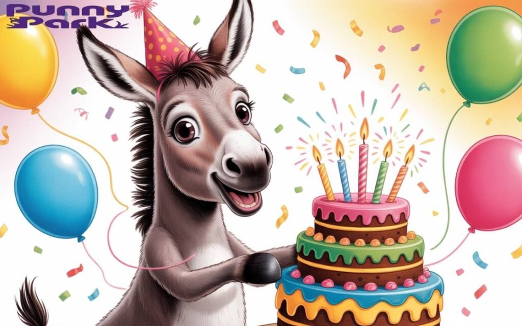 A gray animal
wearing a party hat, stands upright behind a cake decorated with frosting and candles. Vibrant balloons in shades of yellow, pink, blue, and green float around the scene while confetti dances through the air.