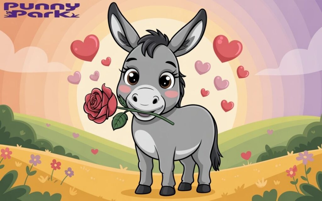 A gray animal standing in a meadow and holds a red rose in its mouth. Floating pink and red hearts drift around the creature.