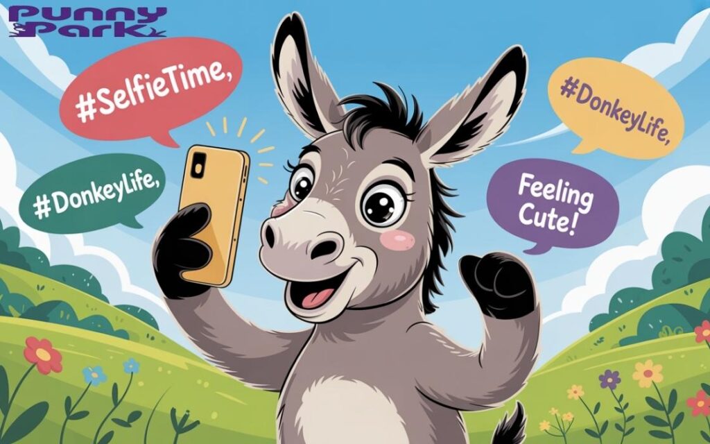 A donkey, holding a smartphone in one hoof while striking a selfie pose. Surrounding the donkey are colorful speech bubbles containing text like "#SelfieTime," "#DonkeyLife," and "Feeling Cute."