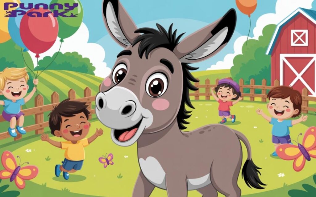 A donkey standing in a farm setting. The donkey is surrounded by happy children, laughing and playing nearby.