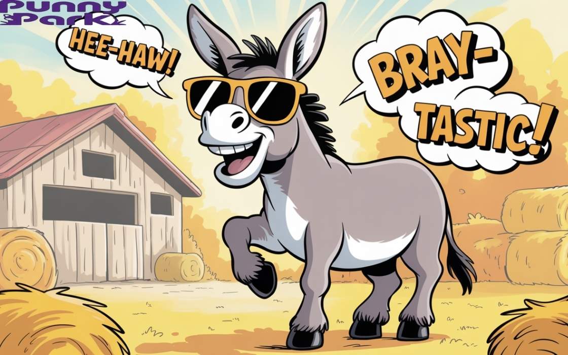 A donkey standing in a farmyard, wearing sunglasses. The donkey has gray fur and is positioned with one hoof raised as if mid laugh. Floating speech bubbles containing playful text like "Hee-Haw!" and "Bray-tastic."