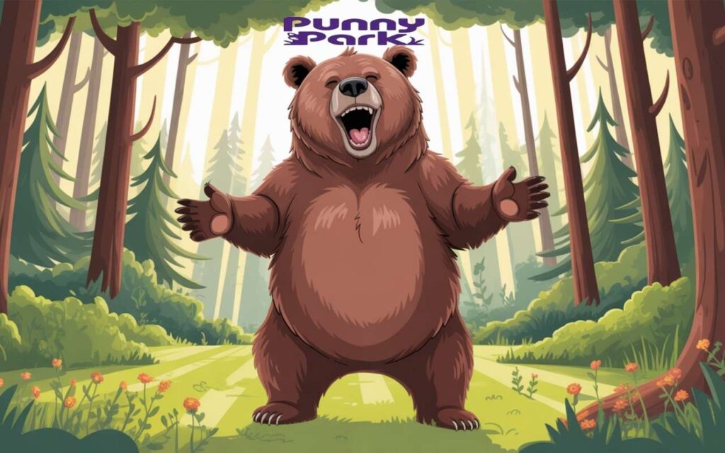 A large grizzly
bear standing in a forest, head tilted back in hearty laughter with its mouth wide open and eyes crinkled shut in pure joy. 