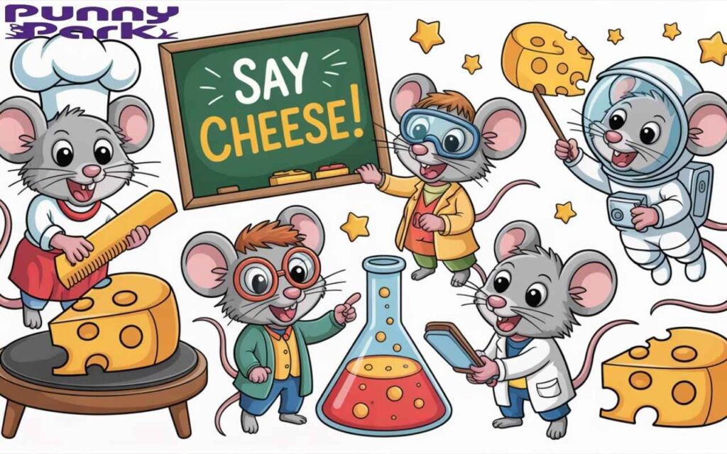 Five mice, each dressed in distinct professional outfits and interacting playfully with cheese props. The chef mouse wears a white toque and apron, while the teacher mouse is pointing to a chalkboard that displays "Say Cheese." The scientist mouse sports a lab coat and safety goggles, carefully examining a bubbling beaker filled with melted cheese, and the astronaut mouse floats in a silver space suit, reaching for a floating wheel of cheese among twinkling stars.