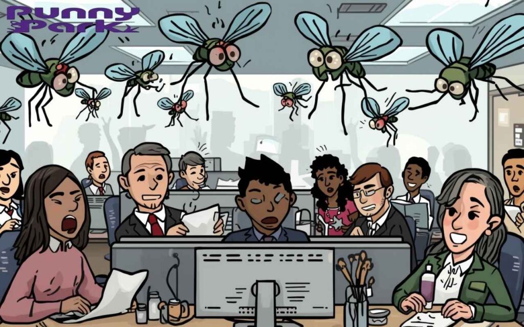 Mosquito in a bustling office setting, buzzing above human workers, all engaged in various work activities.