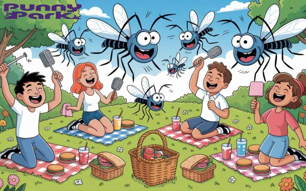 A summer
picnic scene with several oversized, mosquitoes buzzing around laughing families. The mosquitoes have exaggerated cartoon features.
