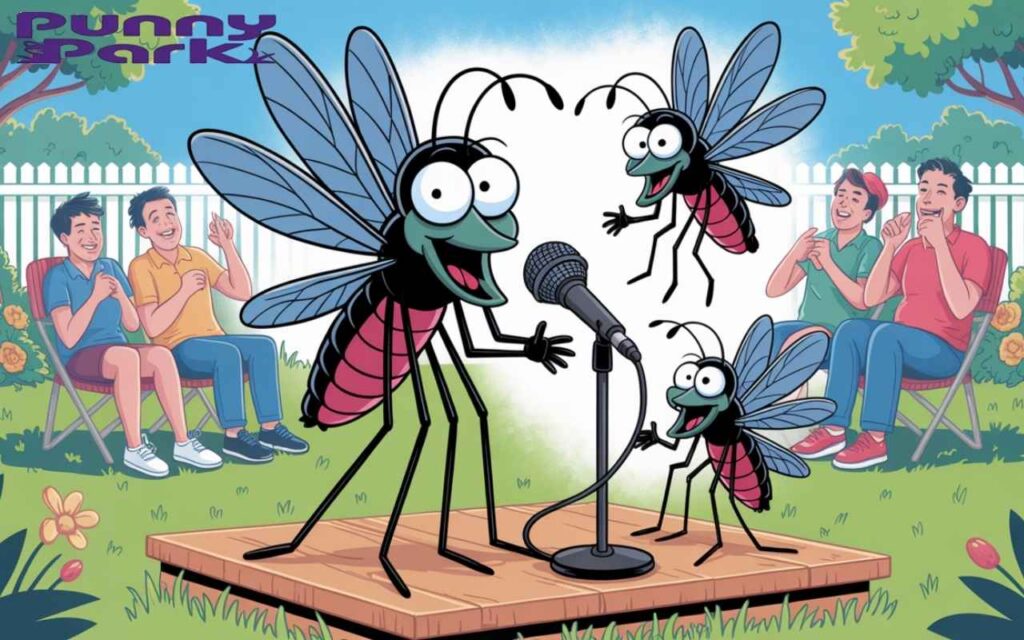 Three mosquito performing stand up comedy on a tiny wooden stage in a colorful backyard setting.
