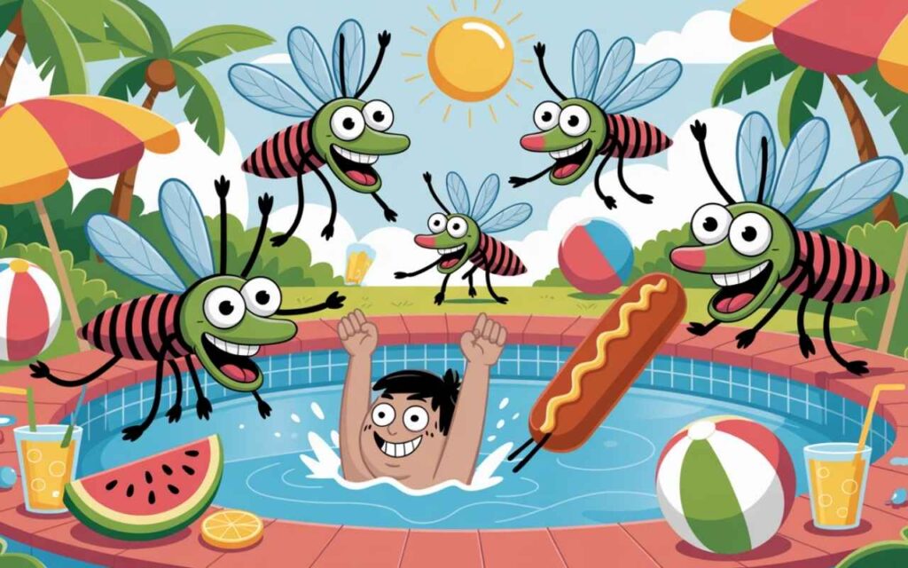 A summer pool scene where oversized, mischievous mosquito
