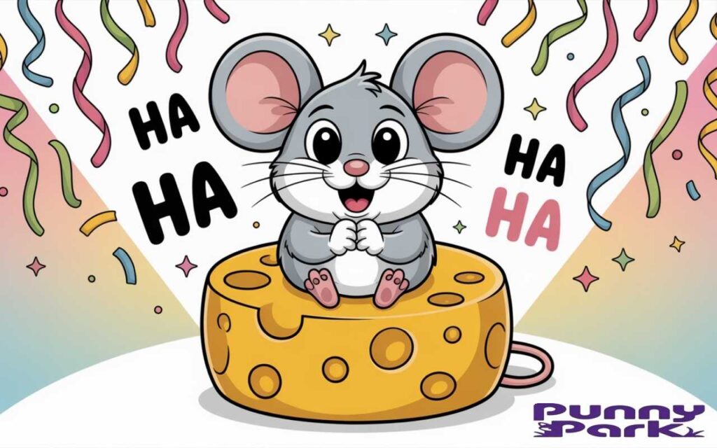 The mouse sits contentedly atop a wheel of cheese, complete with holes, while tiny paws are clasped together in joy. Colorful confetti in cascades through the air around the scene, accompanied by floating "ha ha ha" text.