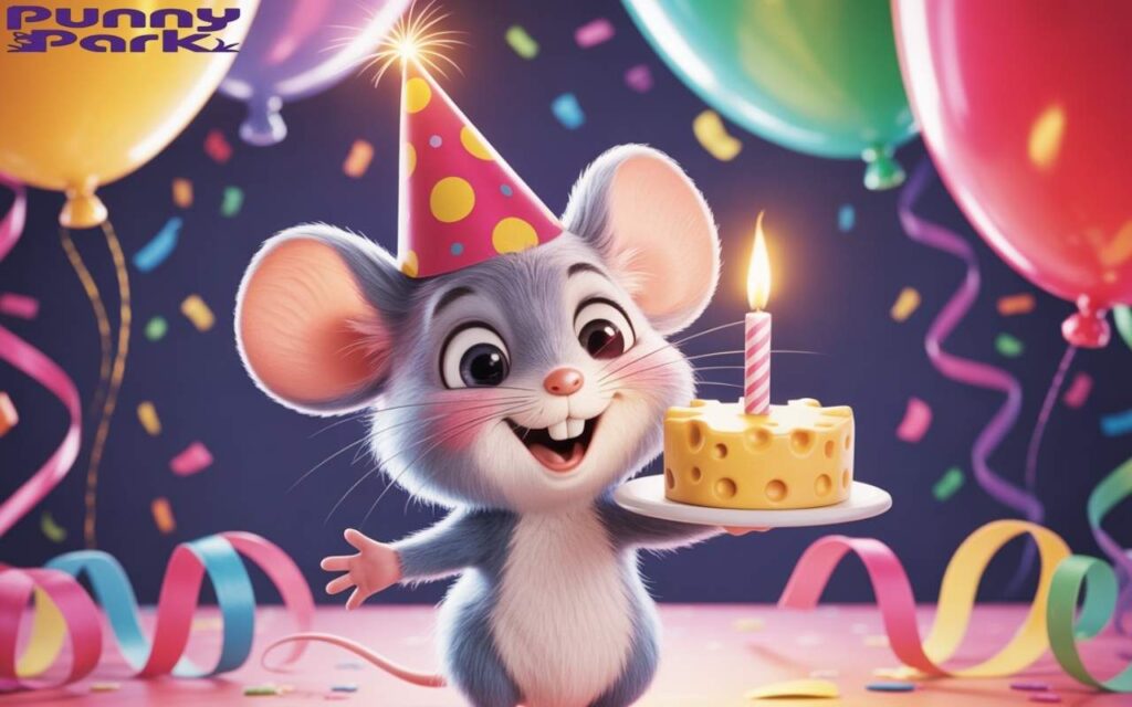 A mouse celebrating at a birthday party, wearing a party hat with and holding a cheese cake topped with a candle. The background is filled with balloons and confetti scattered through the air.