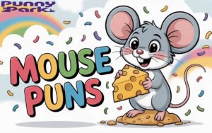 A mouse holding a triangular slice of yellow cheese with both tiny paws. The mouse stands proudly on a small mound of bread crumbs, colorful confetti floats around the mouse. Text reading "Mouse Puns" appears at the side of mouse.